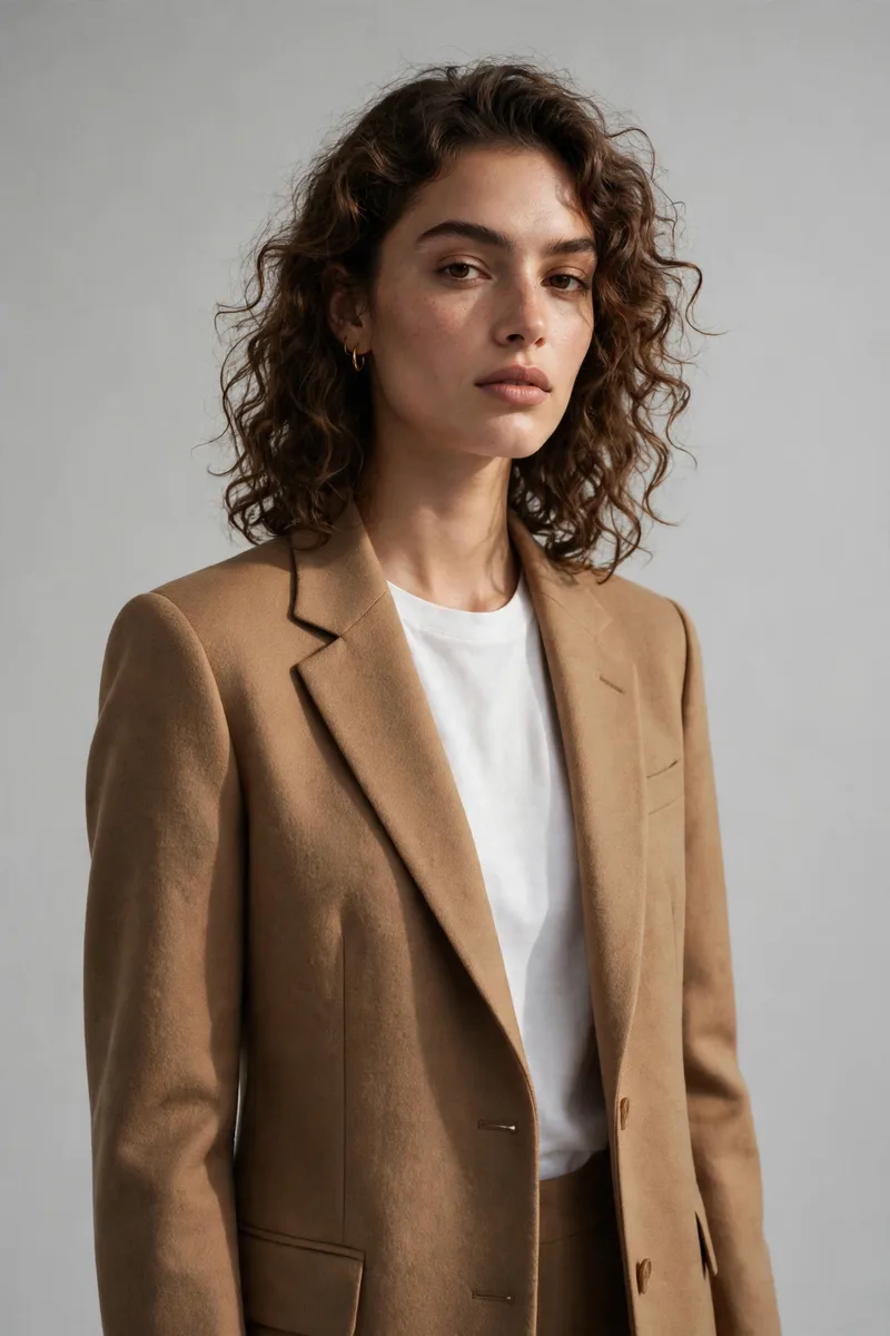 AI-generated demonstration fashion model portrait created to a styling brief