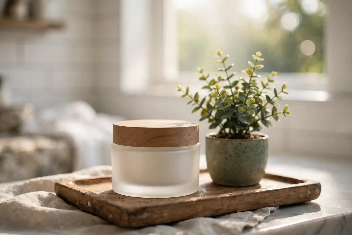 Demonstration lifestyle scene with a skincare product on a styled bathroom shelf