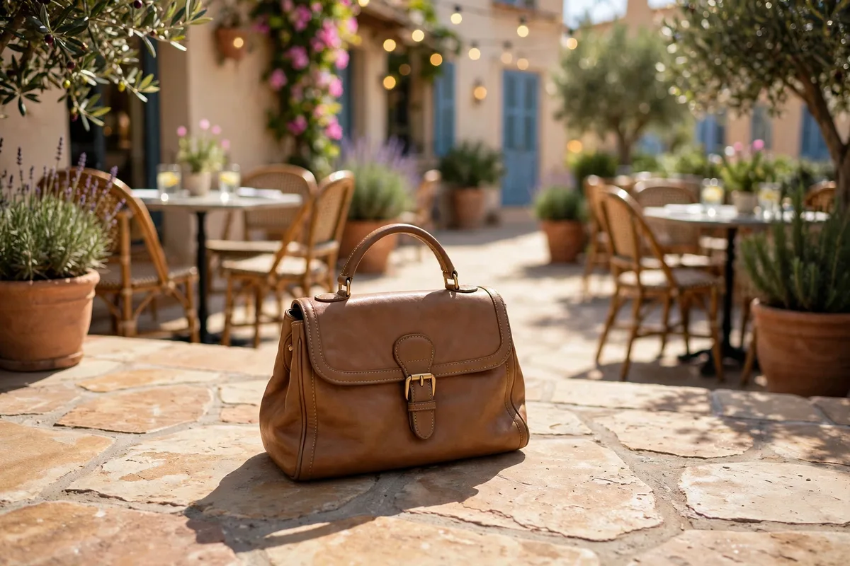 Handbag placed in a generated café terrace scene