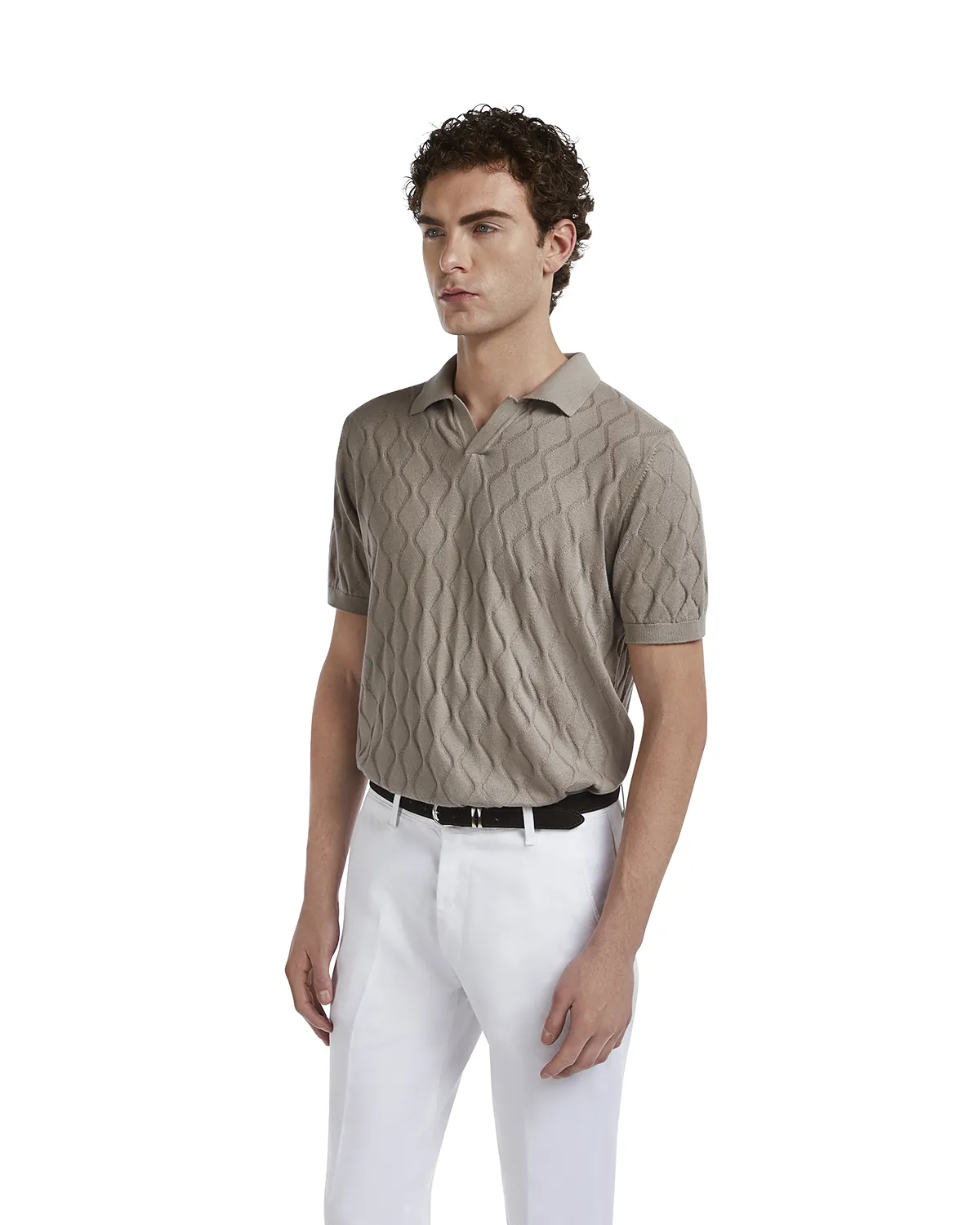 Taupe Polo & White Trousers - On-Model after retouching