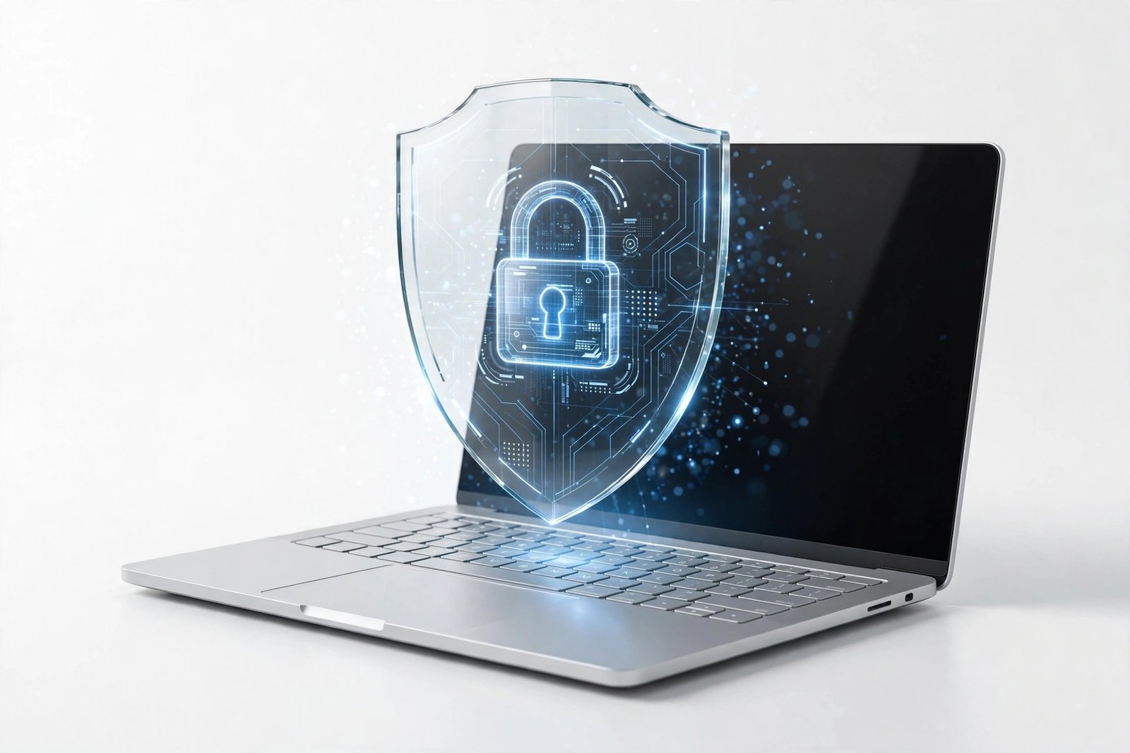 Laptop with security shield representing data protection