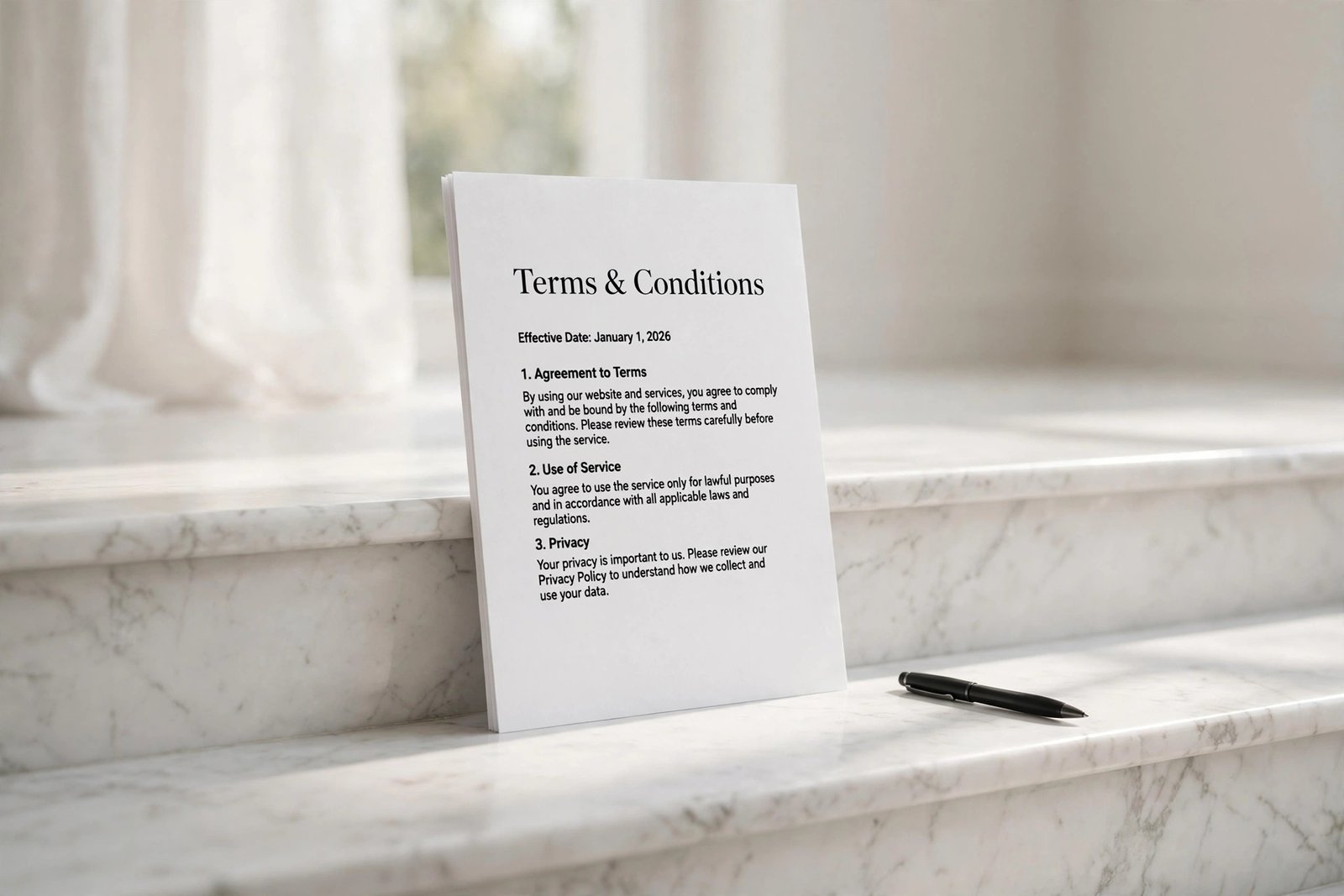 Terms and Conditions document on marble steps