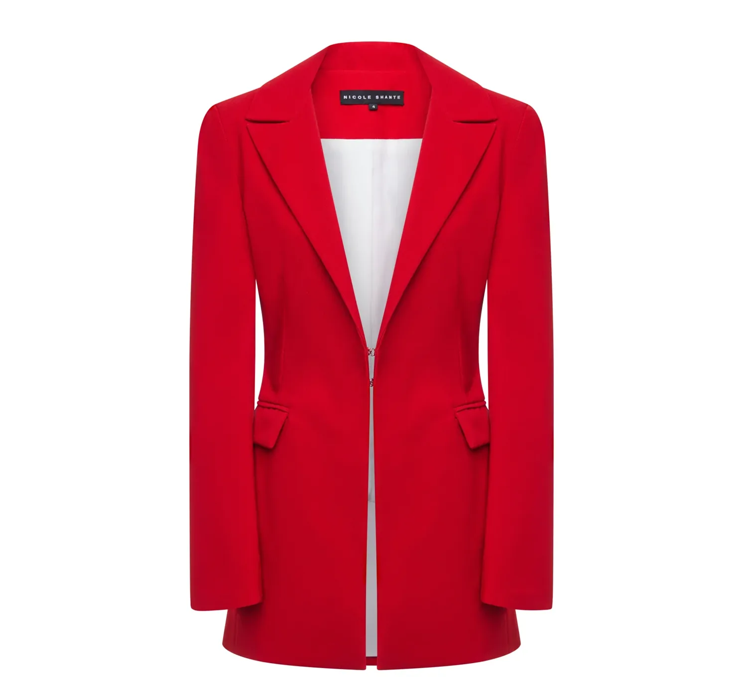 Red blazer after ghost mannequin editing — mannequin removed, inner label composited
