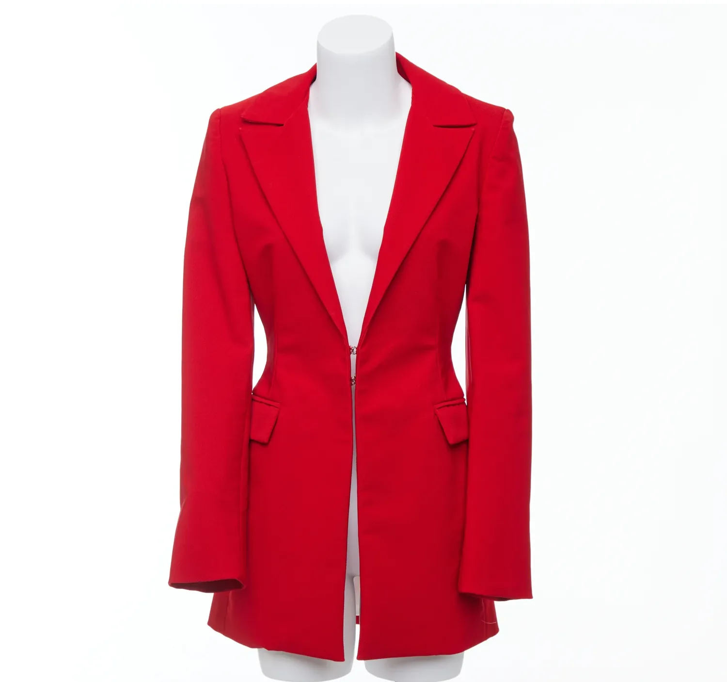Red blazer photographed on a mannequin before ghost mannequin editing