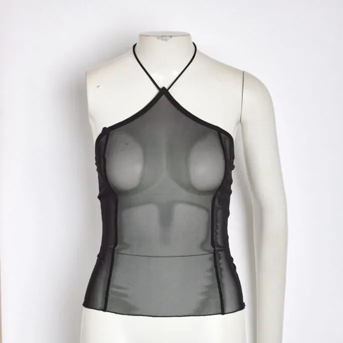 Black halter top photographed on a mannequin before ghost mannequin editing