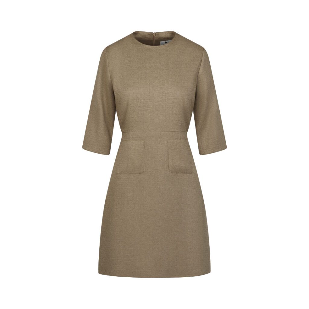 Ghost mannequin editing example: beige three-quarter sleeve dress with patch pockets