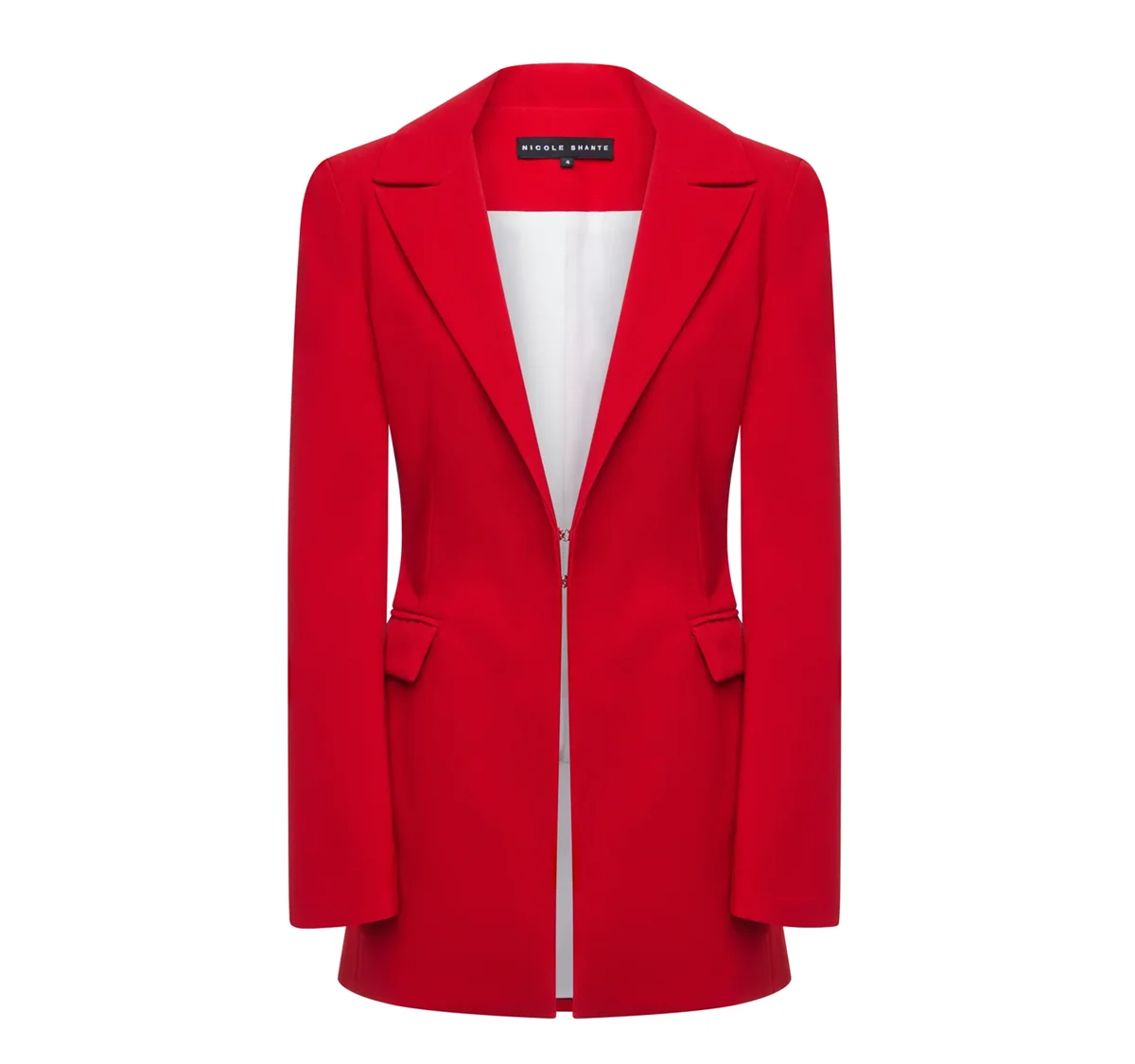 Red blazer after invisible mannequin effect — mannequin removed, inner label composited
